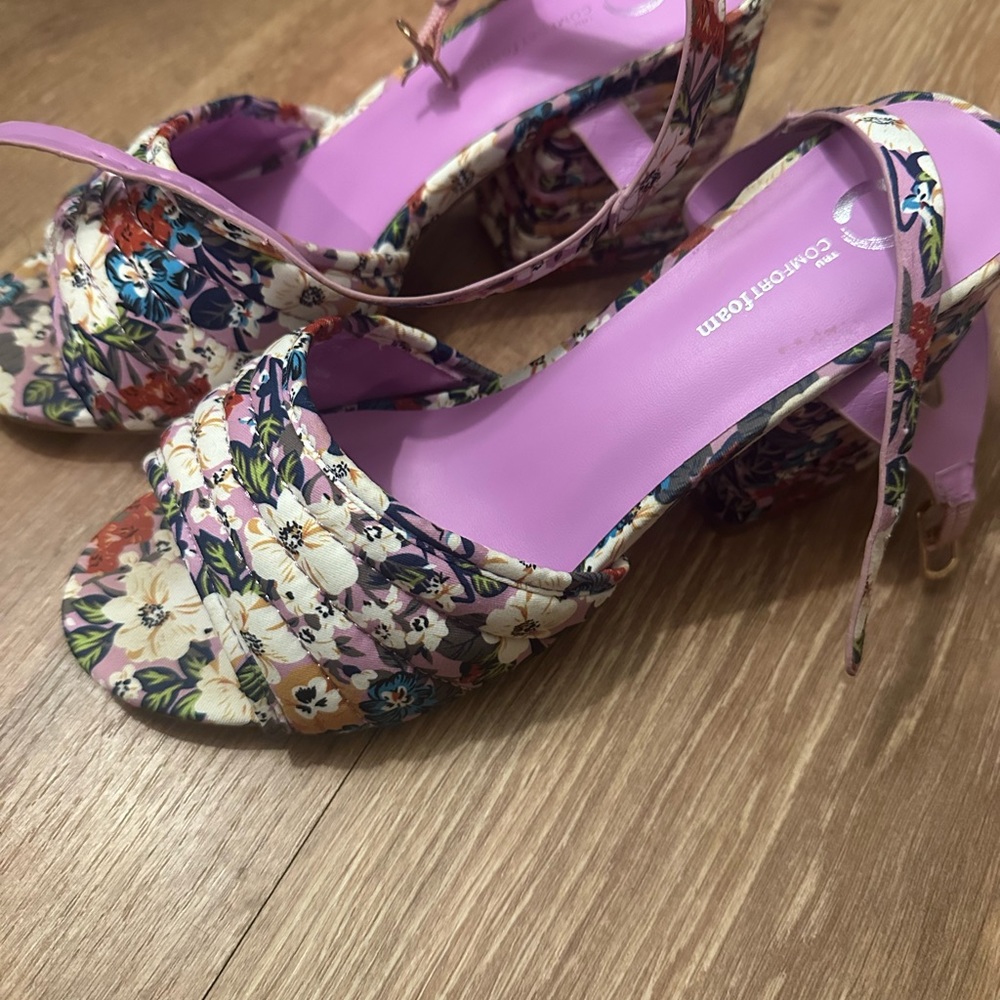 Purple Block heel floral open toe foam heels DSW